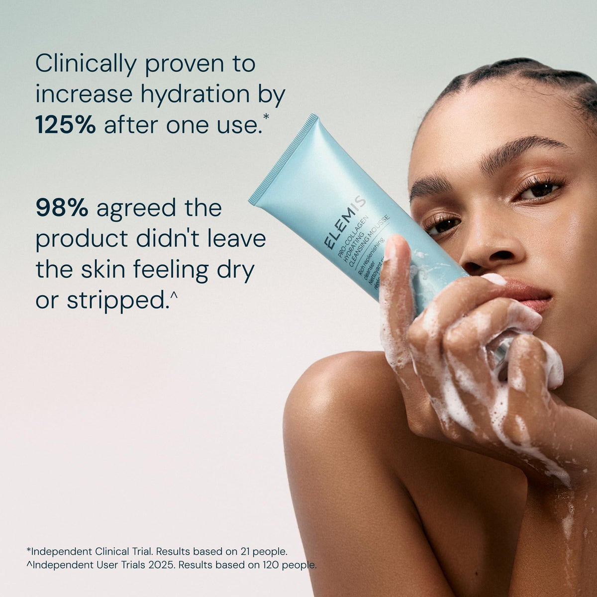 Elemis Pro-Collagen Hydrating Cleansing Mousse bottle with cap showcases travel-friendly routine