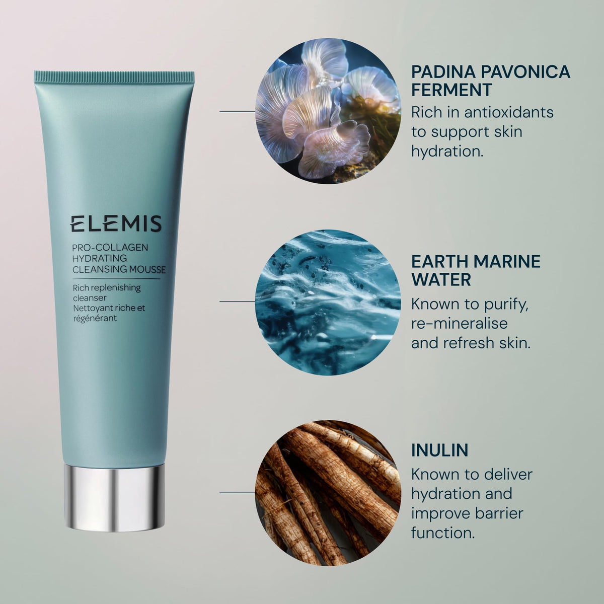 Elemis Pro-Collagen Hydrating Cleansing Mousse close-up highlights gentle lather
