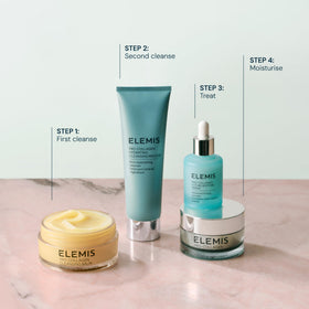 Elemis Pro-Collagen Hydrating Cleansing Mousse foam bubbles illustrate light, non-stripping cleanse