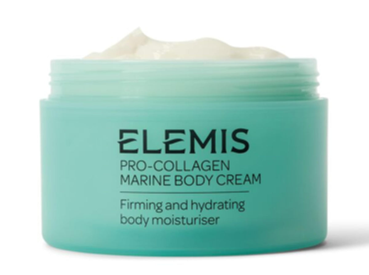 Elemis Pro-Collagen Marine Body Cream bottle showcases premium hydration for visibly softer skin.