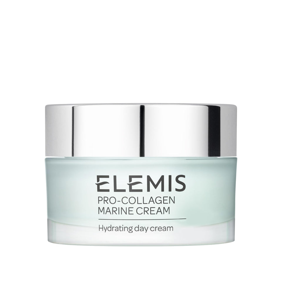 ELEMIS Pro-Collagen Marine Cream 30ml bottle close-up, premium anti-aging moisturizer for daily hydration.