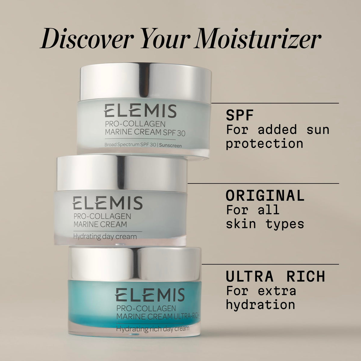 ELEMIS Pro-Collagen Marine Cream 30ml marine-algae trio close-up, illustrating hydration and elasticity.