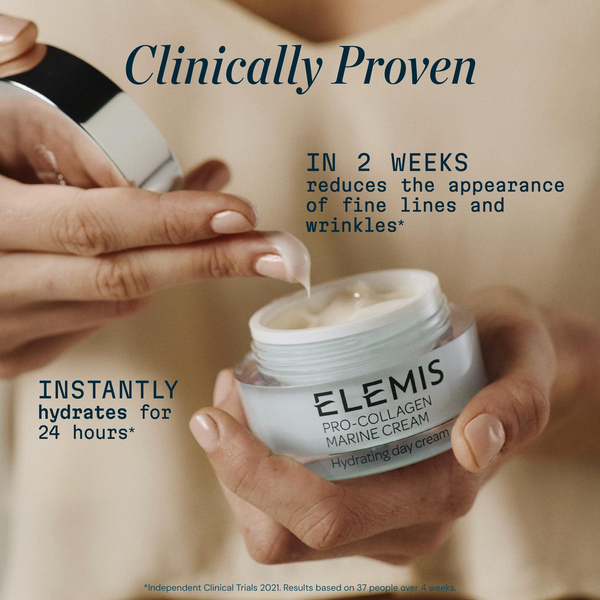 ELEMIS Pro-Collagen Marine Cream 30ml silky finish on skin, long-lasting hydration.