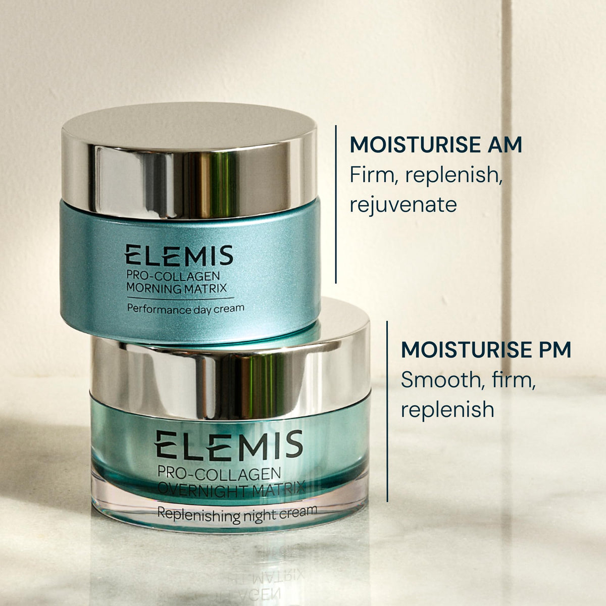 Elemis Pro-Collagen Morning Matrix packaging box beside bottle on vanity