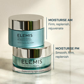 Elemis Pro-Collagen Morning Matrix packaging box beside bottle on vanity