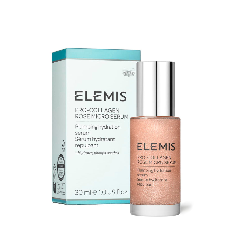 ELEMIS Pro-Collagen Rose Micro Serum bottle showcasing dual-phase hydration.