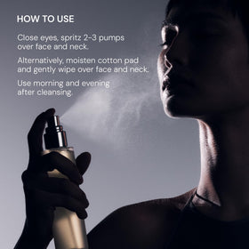 Elemis Pro-Collagen Toning Mist bottle resting on vanity for daily care