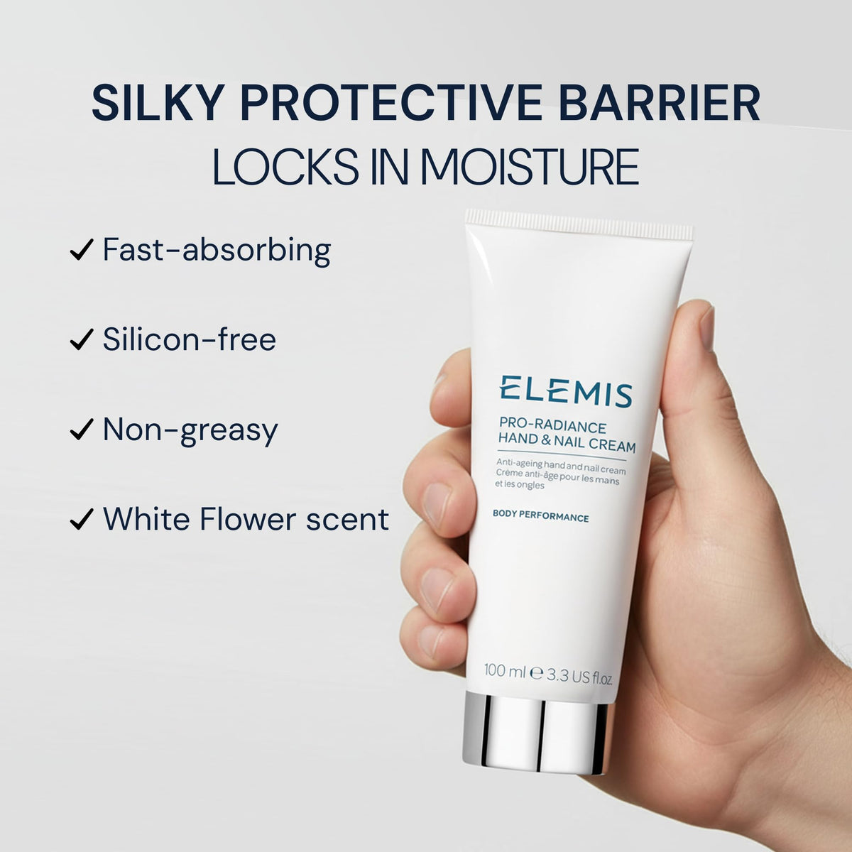 Texture of Elemis Pro-Radiance Hand Cream being dispensed and absorbed