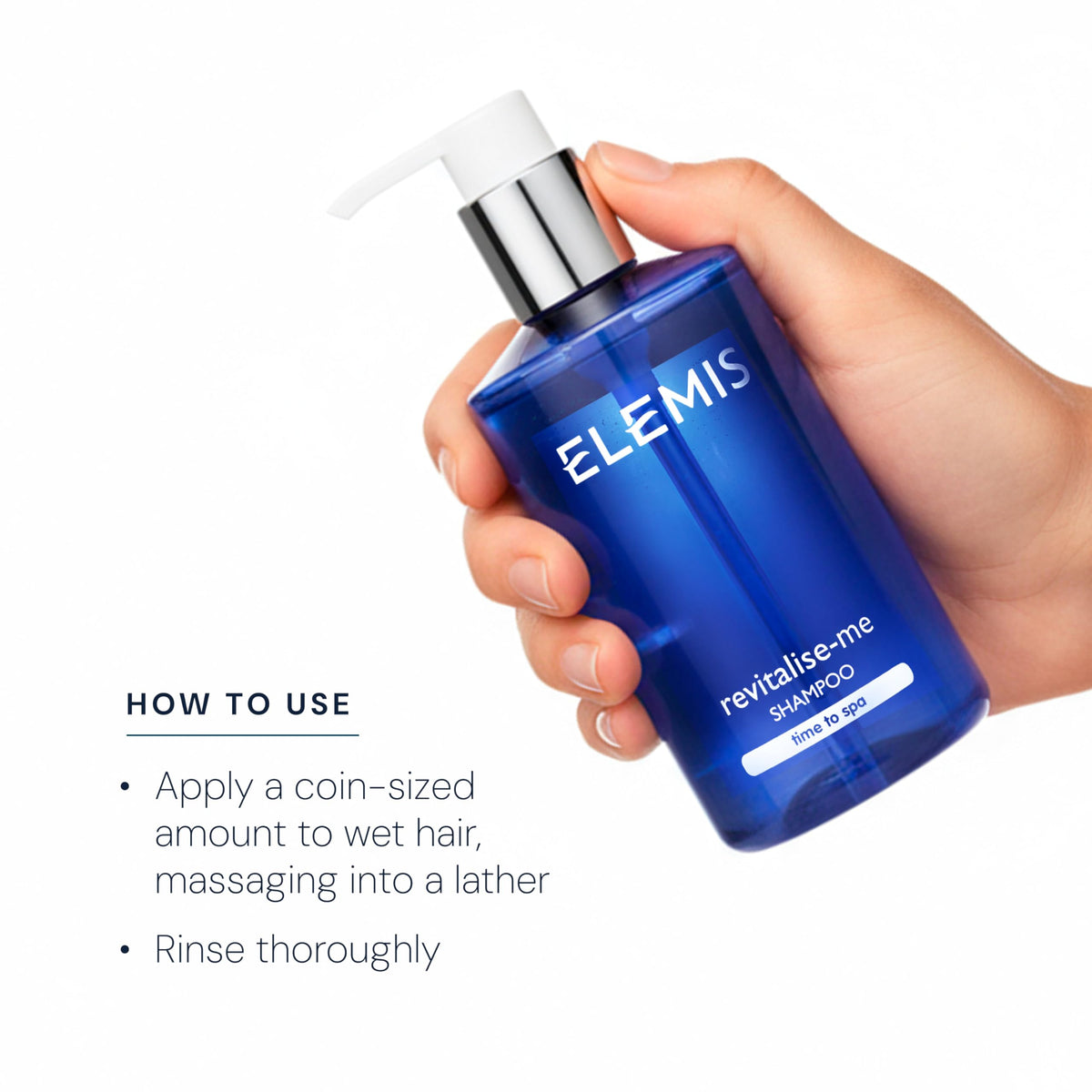 Elemis Revitalize-Me Shampoo back label shows usage guidance for daily routine.