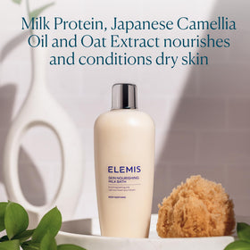 ELEMIS Skin Nourishing Milk Bath ingredients detail highlights milk protein and oat extract.