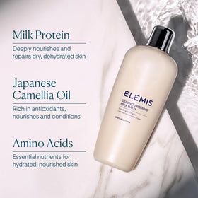 ELEMIS Milk Bath packaging display emphasizes nourishing ingredients and family-friendly care.