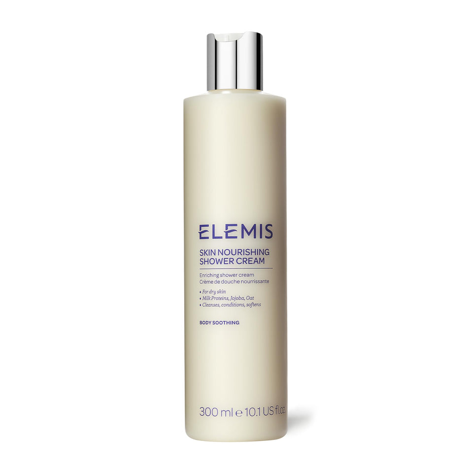 Elemis Skin Nourishing Shower Cream bottle front view with hydration focus