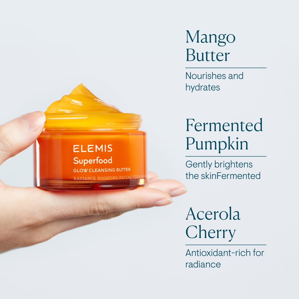 ELEMIS Superfood AHA Glow Butter jar glows after use, suggesting refreshed-looking skin.
