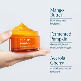ELEMIS Superfood AHA Glow Butter jar glows after use, suggesting refreshed-looking skin.