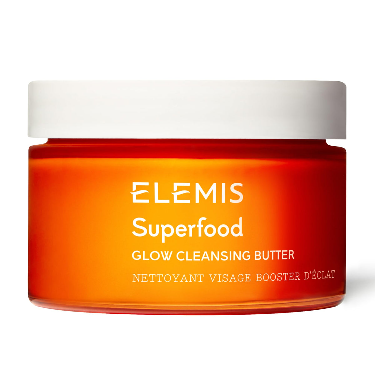 ELEMIS Superfood AHA Glow Butter packaging shows the 90ml jar for daily cleansing.