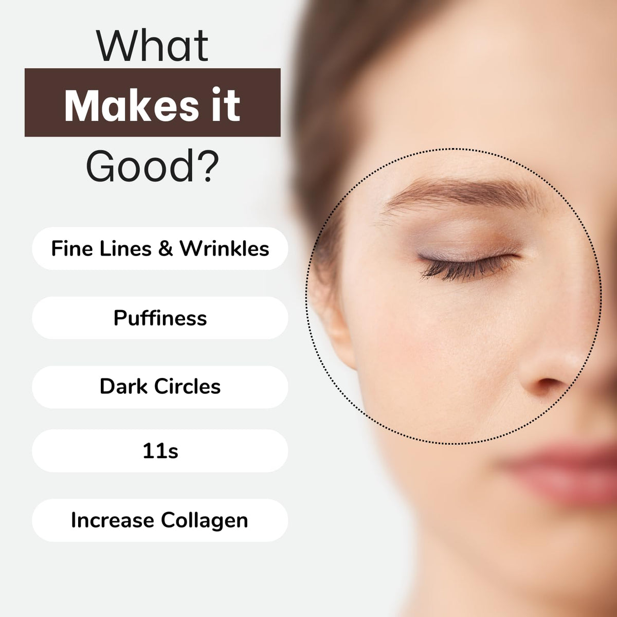 Elensilia gold peptides eye care cream highlights anti-wrinkle potential around eyes.