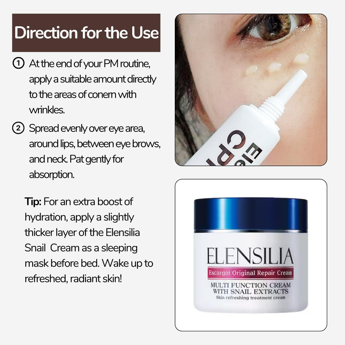 Elensilia hydration-rich eye cream demonstrates a comfortable, non-greasy finish.
