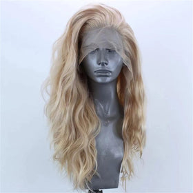 ELESTY golden blonde lace front close-up showing heat resistant fibers