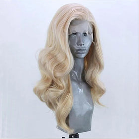 ELESTY long wavy blonde wig back view shows full length vibe