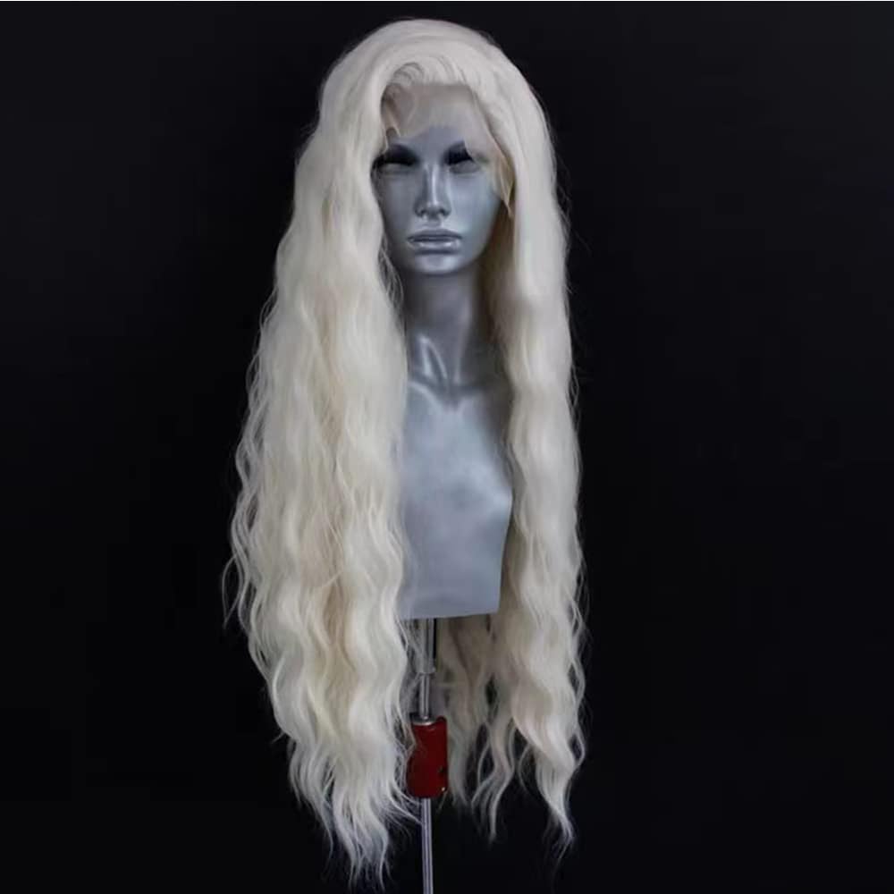 ELESTY long wavy white blonde lace-front wig back view, seamless cap and coverage.
