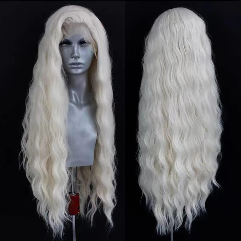 ELESTY long wavy white blonde lace-front wig front view, versatile for daily wear and cosplay.