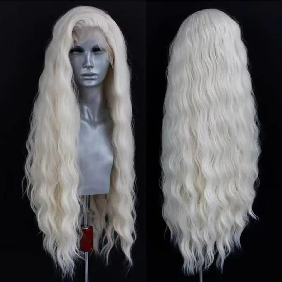 ELESTY long wavy white blonde lace-front wig front view, versatile for daily wear and cosplay.