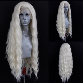 ELESTY long wavy white blonde lace-front wig side view, natural movement and volume.