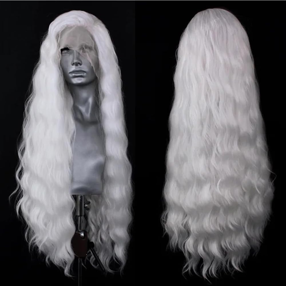ELESTY long wavy white lace front wig with adjustable straps for secure all-day wear
