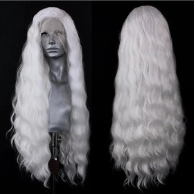 ELESTY long wavy white lace front wig with adjustable straps for secure all-day wear
