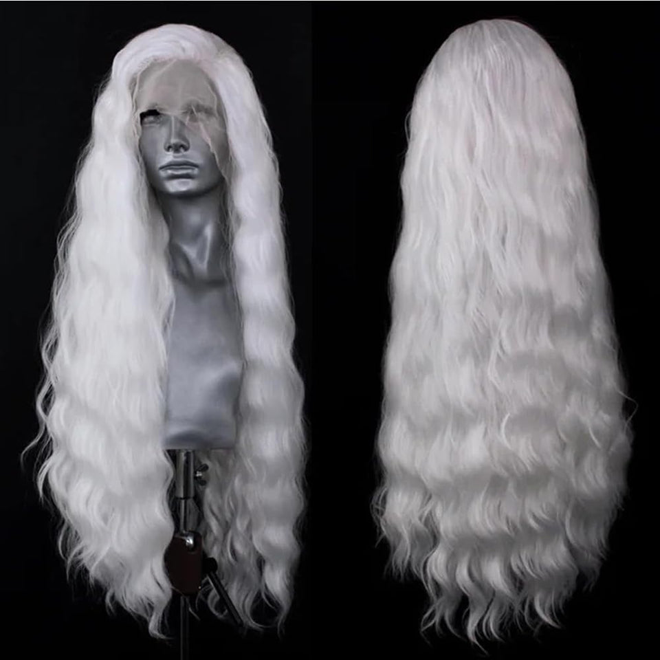 ELESTY long wavy white lace front wig with adjustable straps for secure all-day wear