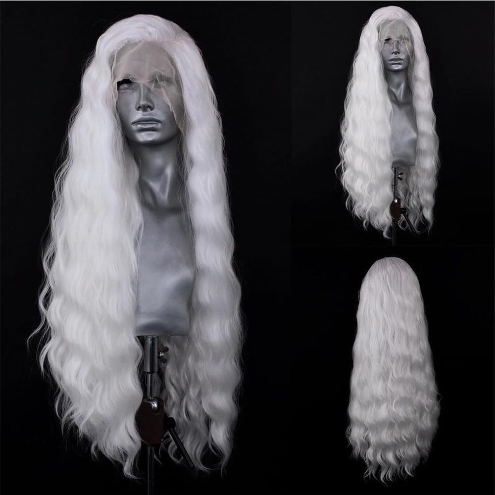 ELESTY white hair synthetic lace front wig showing three combs for stable placement