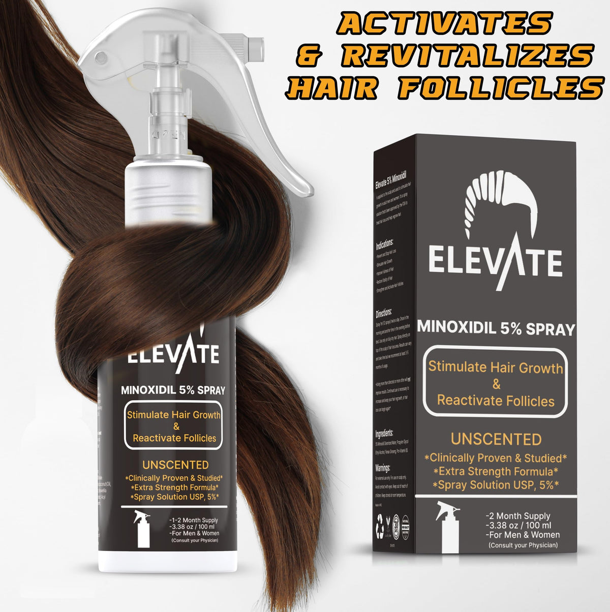 Elevate 5% Minoxidil spray dosing illustration for 1 ml usage.