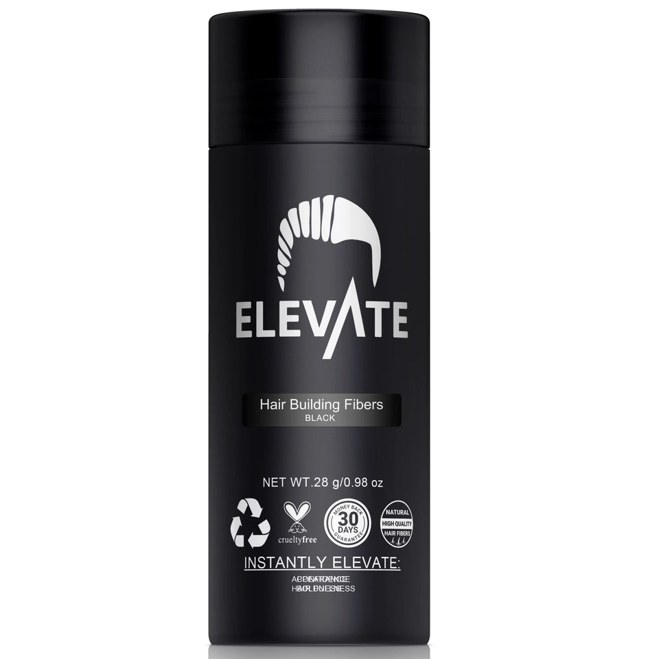 Elevate Hair Fibers bottle showing natural keratin fibers for instant volume