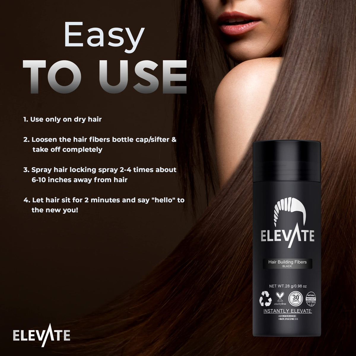 Elevate Hair Fibers packaging featuring the 28 g bottle