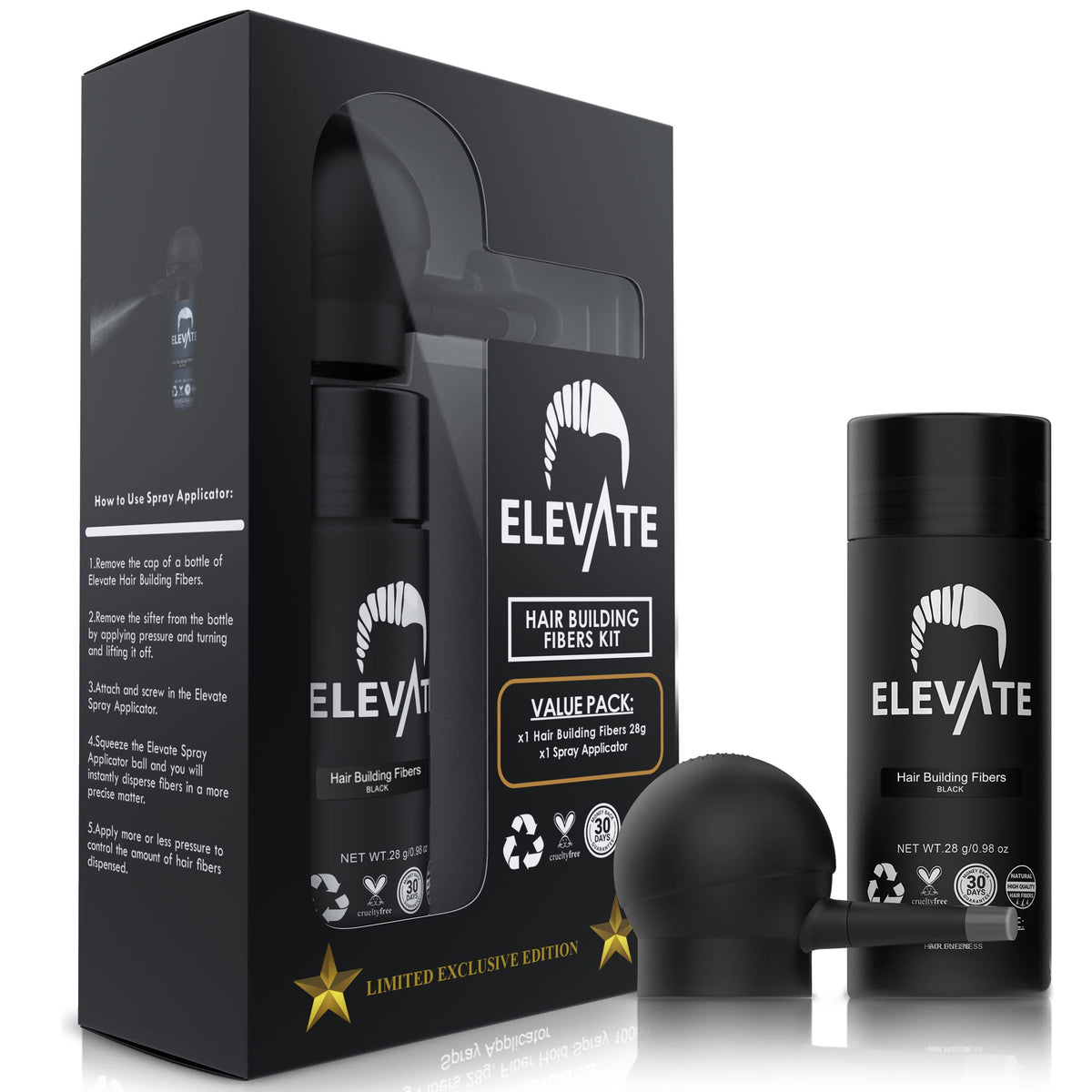 Elevate Hair Perfecting 2-in-1 Kit bottle shows natural keratin fibers for instant fullness.