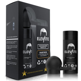 Elevate Hair Perfecting 2-in-1 Kit bottle shows natural keratin fibers for instant fullness.