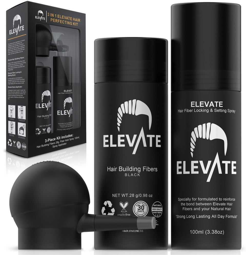 Elevate Hair Perfecting Kit bottle pour demonstrates precise fiber application for thinning areas.