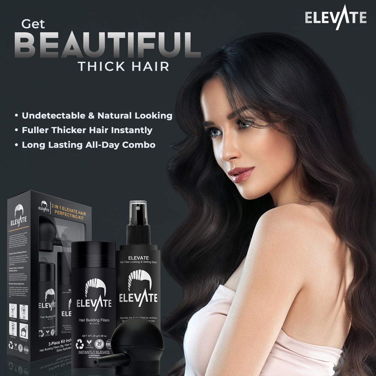 Elevate Hair Perfecting Kit precision spray disperses fibers evenly for quick coverage.
