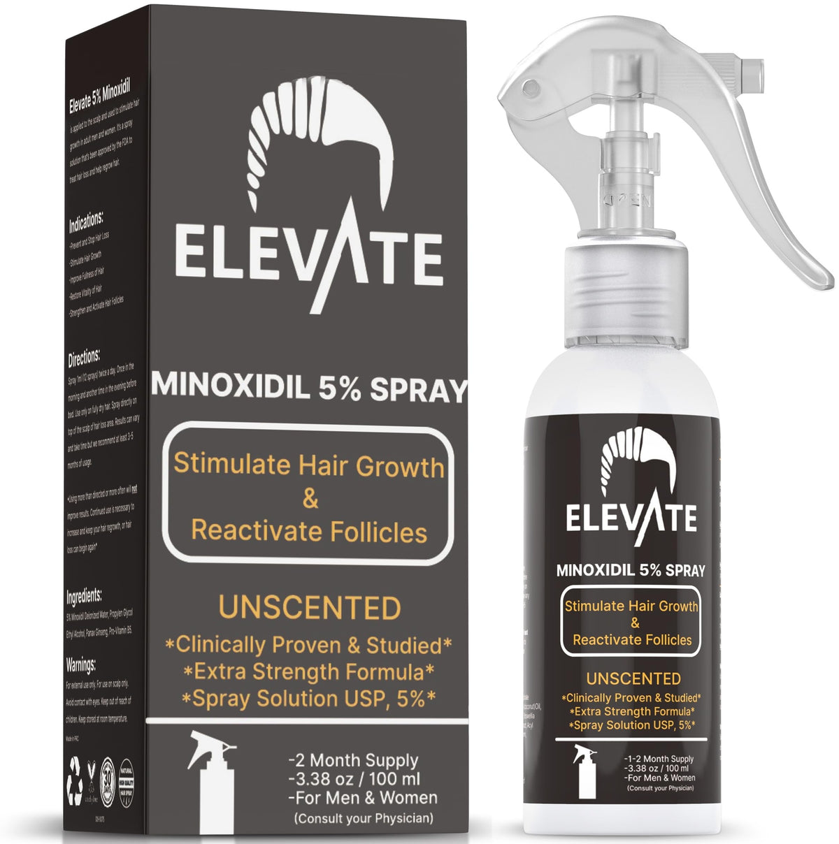 Elevate Hair Regrowth Spray bottle front view for easy daily use.