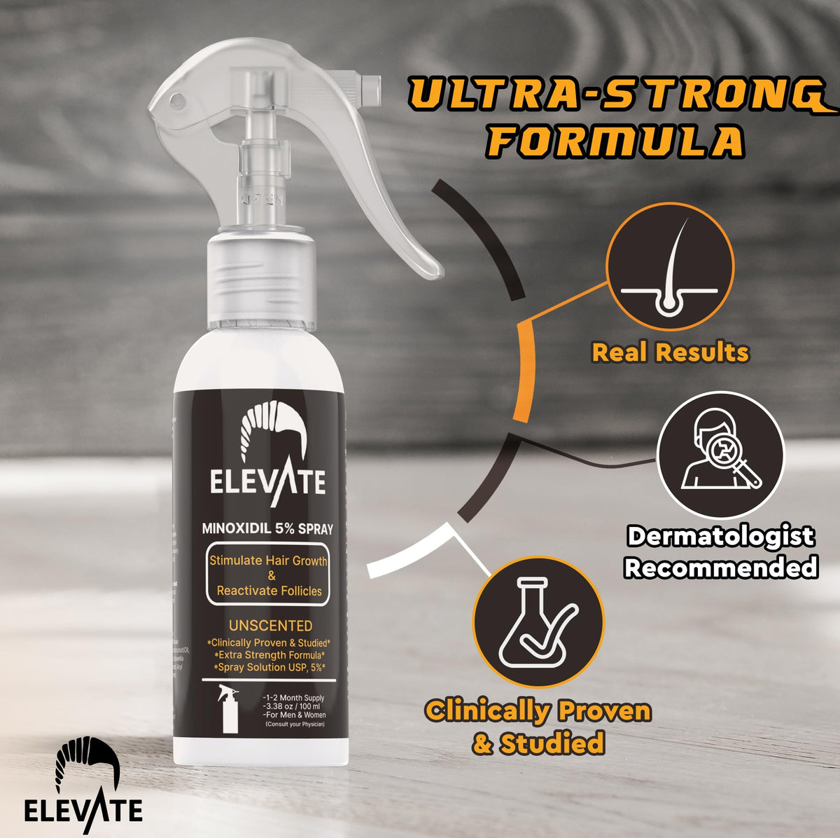Elevate 5% Minoxidil spray nozzle close-up for precise application.