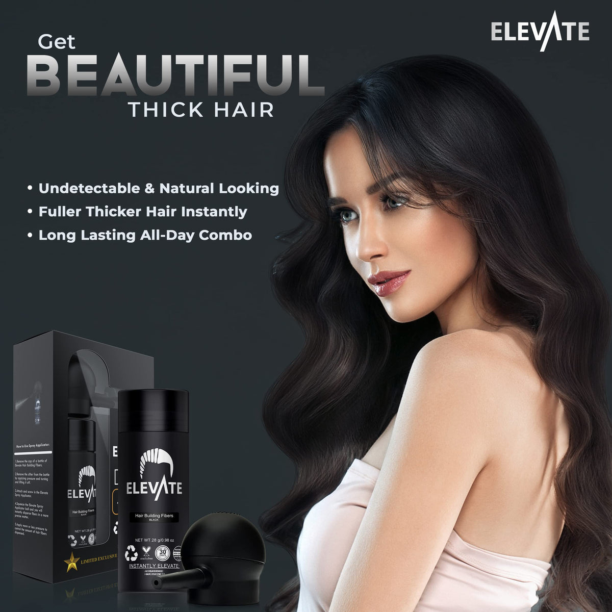 Elevate Hair spray applicator precision image shows targeted root and hairline fill.