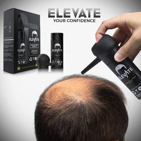 Elevate Hair Thickening fibers natural keratin blend with existing hair for density.