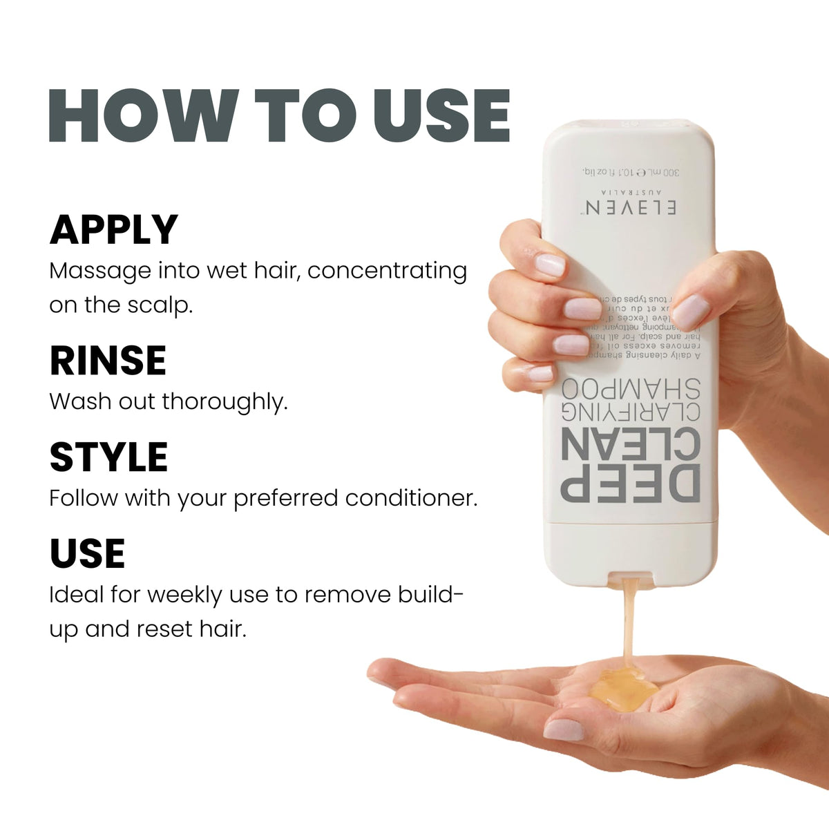 ELEVEN AUSTRALIA Deep Clean Shampoo creates rich lather for oily buildup removal
