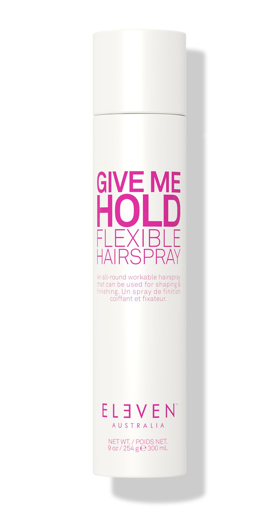ELEVEN AUSTRALIA Give Me Hold hairspray bottle; lightweight hold for flexible styling.