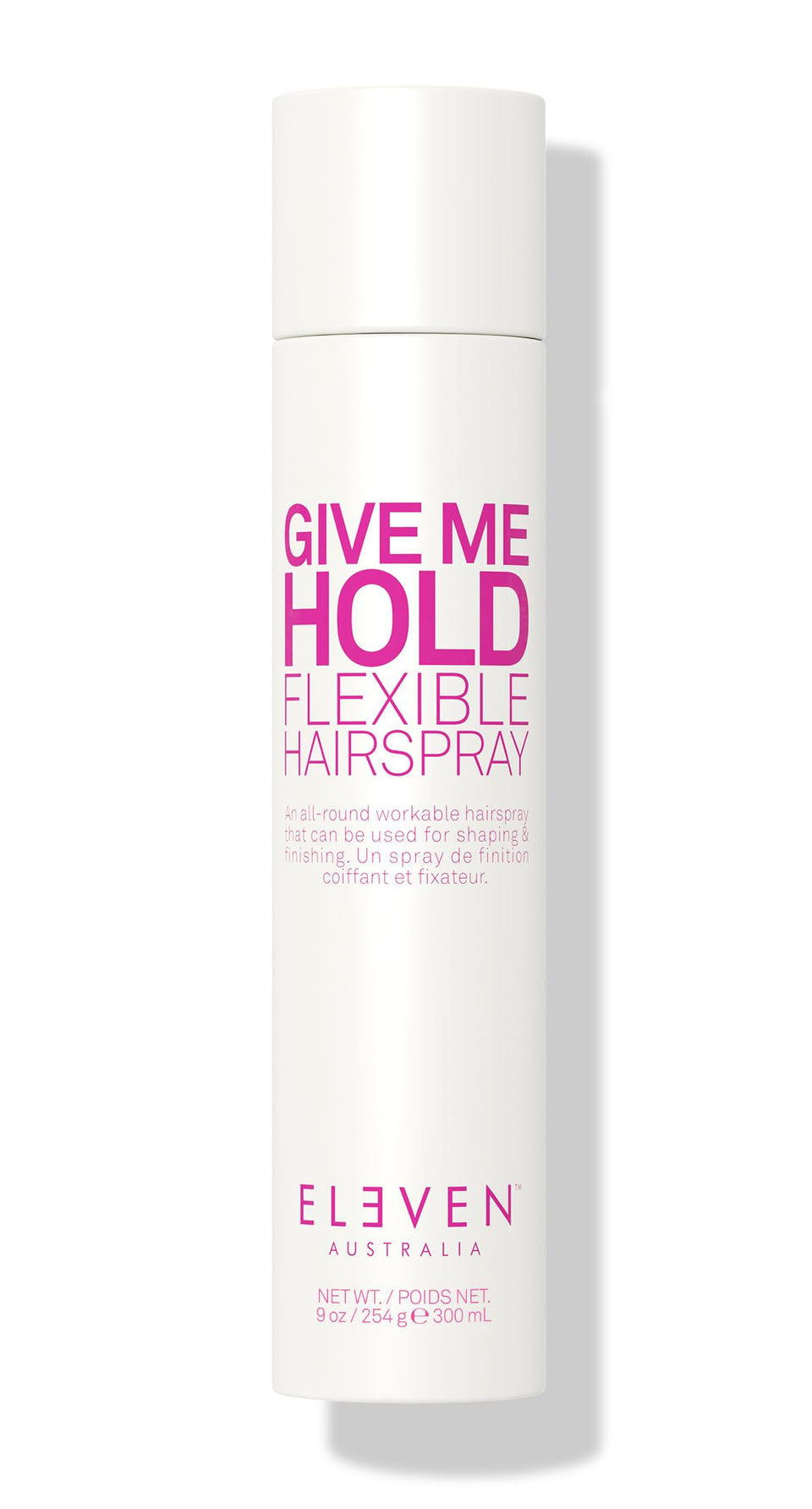 ELEVEN AUSTRALIA Give Me Hold hairspray bottle; lightweight hold for flexible styling.