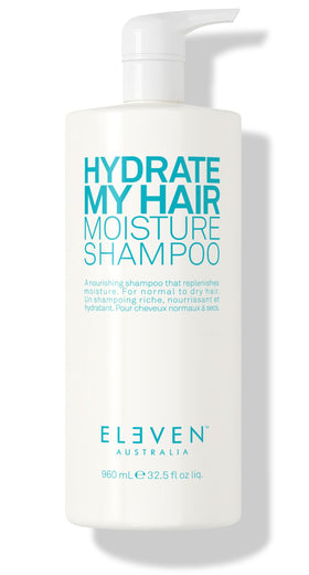 ELEVEN AUSTRALIA Hydrate My Hair shampoo bottle closeup highlighting moisture-rich formula.