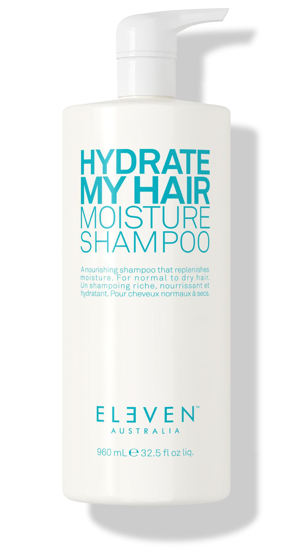 ELEVEN AUSTRALIA Hydrate My Hair shampoo bottle closeup highlighting moisture-rich formula.
