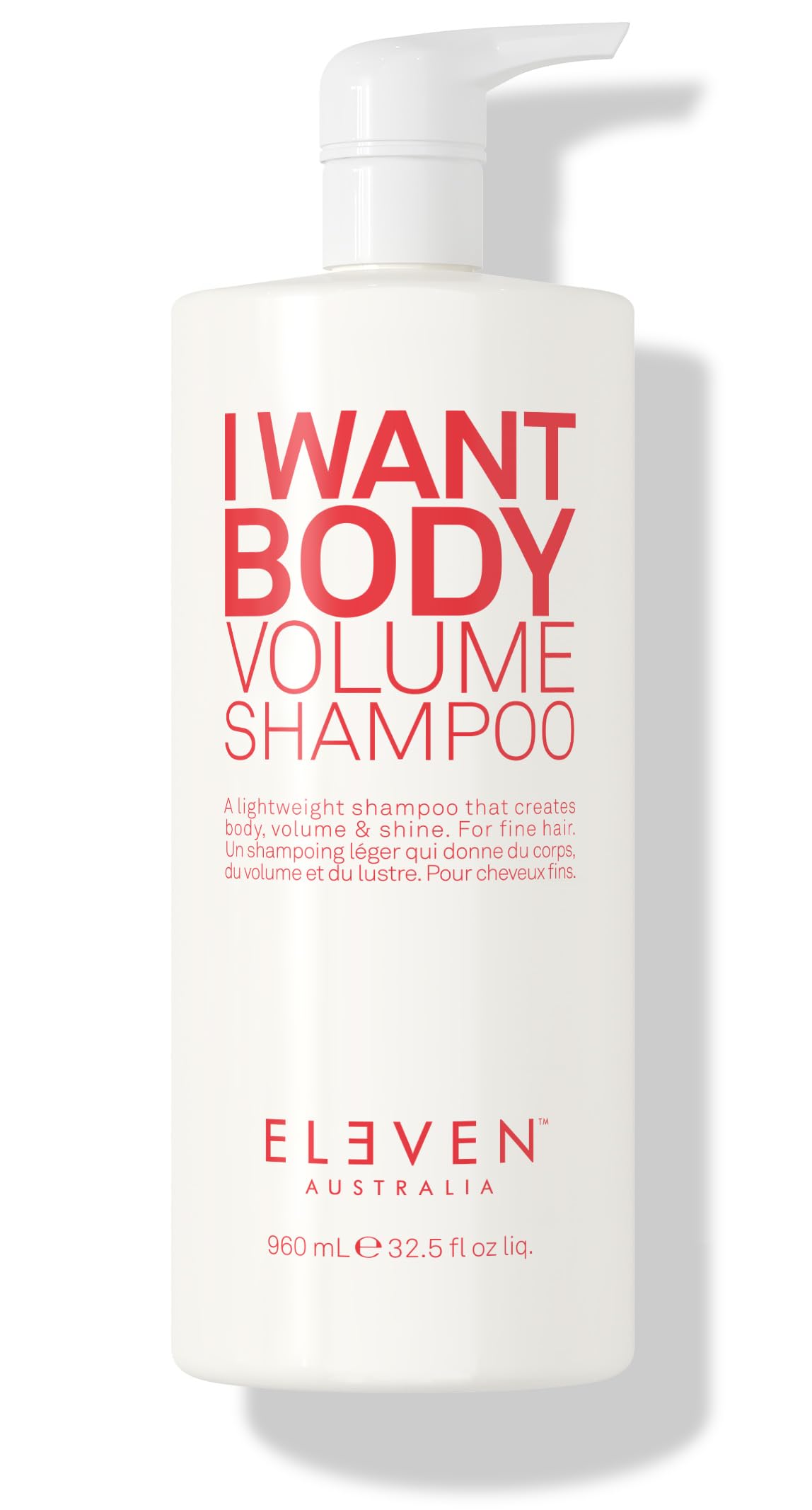 ELEVEN AUSTRALIA I Want Body Volume Shampoo bottle showing lightweight cleansing for fuller hair