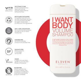 ELEVEN AUSTRALIA I Want Body Volume Shampoo shine close-up showcases glossy, voluminous strands