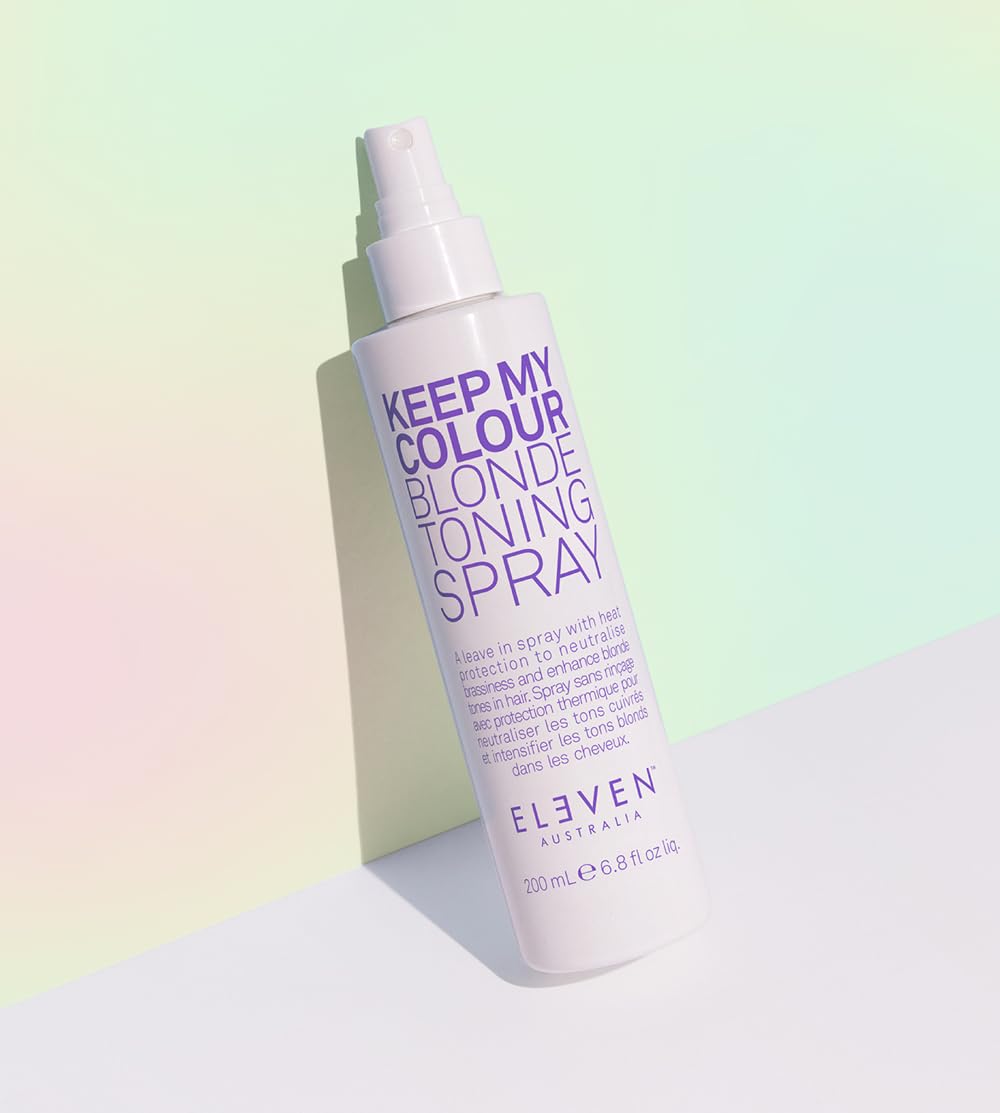 ELEVEN AUSTRALIA Keep My Colour Blonde Toning Spray dispenses a fine mist to balance tones and protect hair.